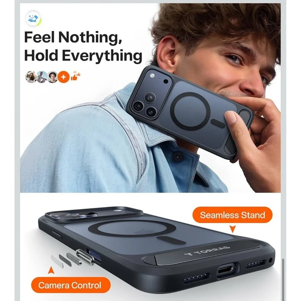 TORRAS Strong Magnetic &‎ Seamless Stand for iPhone 17 Pro Case-Black